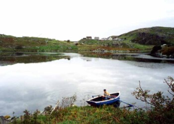 A man in a rowing boat on a loch