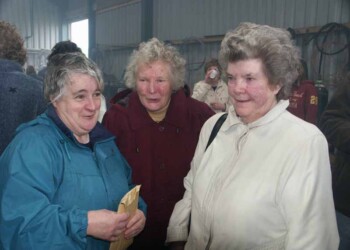Enjoying the company as we meet each year 3 ladies standing in a barn, other people in background.