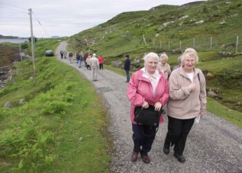 Group walking up a hill