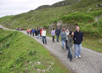 Group walking up a hill