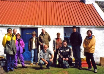 Our group on the Shiants July 2000 Group outside a tin roofed building