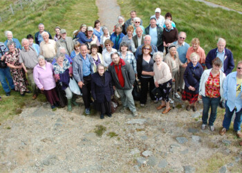 Comunn Eachdraidh na Pairc outing in June 2009. The group photo is taken from the top of the Deer Park Raiders monument Group photo