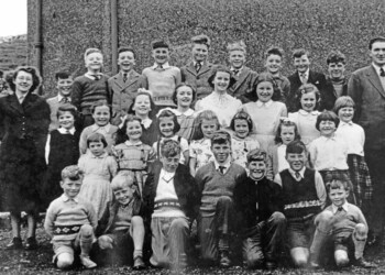 Cromore School 1953: Back Row l-r: Mary Macleod, Teacher, 28 Cromore; William Macleod, Mission House, Cromore; Neil Kennedy, 1 Cromore; Roddy Mackenzie, 19 Cromore; Duncan Macleod, 5 Cromore; Roddy and Alex Macarthur, 8 Cromore; Angus Mackinnon, 13 Cromore; John Angus Macleod, Cliff Cottage, Cromore; Roddy J Macleod, 11 Cromore Second Row l-r: Ann Macleod, Mission House, Cromore; Muriel Macaulay, 22 Cromore; Joan Morrison, 32 Caros, Cromore; Dolina and Cathie Mackinnon, 13 Cromore; Agnes Macarthur, 3 Cromore; Cathie M Ross, 19 Cromore; Ann Macarthur, 8 Cromore Third Row l-r: Chrissie Smith, 15 Cromore; Ann C Macleod, Cliff Cottage, Cromore; Bell Smith, 34 Caros, Cromore; Barbara Mackenzie, 6 Cromore; Annabell Mackinnon, 13 Cromore; Ishbel Mackinnon, 12 Cromore; Joan Macarthur, 8 Cromore Front Row l-r: Calum Mackenzie, 6 Cromore; Sandy Macleod, 4 Cromore; John A Mackenzie, 6 Cromore; Kenneth Kennedy, 1 Cromore; Donald J Macleod, 4 Cromore; Calum Macleod, Mission House, Cromore; Ivor Macarthur, Post Office, Cromore Class photo Cromore School 1953