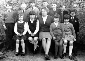Cromore School 1972: Back Row l-r: Angus and Donald M Maclennan, 7 Cromore; Murdo Macleod, 26 Cromore; Alasdair Smith, 33 Caros; Donald N Macleod, Mission House, Cromore; Finlay Smith, 21 Cromore; Alex D Smith, 33 Caros Front Row l-r: Chirsty M Maclennan, 7 Cromore; Cathie J Smith, 33 Caros; Mary Macleod, Teacher, 28 Cromore; Mary B Macleod, Hillside House, Cromore; Mary A Macleod, 26 Cromore Class photo Cromore School 1972