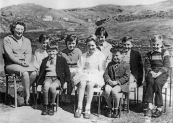 Cromore School Circa 1963: Back Row l-r: Mary Macleod, Teacher; Christine Macarthur, 2 Cromore; Margaret Mackenzie, 6 Cromore; Jessie M Macleod, 32 Caros; Murdo Smith, 21 Cromore; Alex J Mackinnon, 12 Cromore Front Row l-r: John G Macleod, 18 Cromore; Agnes Mackinnon, 12 Cromore; Angus J Macleod, Hillside, Caros Class photo Cromore School Circa 1963