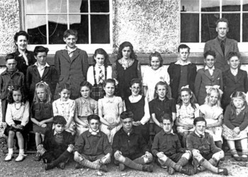 Kershader School 1947: BACK ROW Alexina Mackinnon, 1 Garyvard, Teacher; Roderick Morrison, Head Teacher. SECOND ROW Kenny Macleod, 4 Kershader; Murdo Macleod, 1 Garyvard; Donald Macleod, 6 Garyvard; Murdina Macleod, 4 Kershader; Rena Macleod, 4 Kershader; Joan Macleod, 1 Garyvard; Alex M Macdonald, 1 Habost; Donald M Mackinnon, 4 Caversta; John A Mackinnon, 11A Habost. THIRD ROW Mairi Kennedy 2/4 Kershader; Joan Montgomery, 11 Garyvard; Cathie M Macdonald, 7 Kershader; Annie F Mackay, 11Kershader; Mary Macleod, 2 Kershader; Marion A Mackinnon, 11A Habost; Chrissie Montgomery, 11 Garyvard; Chirsty M Mackinnon, 4 Caversta; Catriona Mackinnon, 2 Garyvard; Chirsty M Macleod, 6 Garyvard. FRONT ROW Donald Macrae, 6 Habost; Angus Mackinnon, 4 Caversta; Calum Macleod, 4 Kershader; Donald N Mackinnon, 11A Habost; Donald Kennedy, 2/4 Kershader. Class photo Kershader School 1947