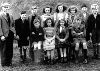 Planasker School 1951: Back Row l-r: Kenneth Macleod (Head); Alexander Smith, 19 Marvig; John Macmillan, 17 Marvig; Ina Morrison, 9 Calbost; Mary Macleod, 3 Marvig; Mary A Mackenzie, West End, Calbost; Donald Smith, 19 Marvig; John A Mackenzie Front Row l-r: Donald R Mackenzie; Ann Macleod; Christina A Macleod; Donald A Macleod, West End, Calbost Class photo Planasker School 1951