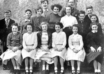Gravir School 1958: Back Row l-r: Donald Macmillan, Post Office, Gravir; Donald Macdonald (Head); Alex J Macaskill, Lake House, Gravir Second Row l-r: Alan J Macaskill, Lake House, Gravir; Murdo Iain Fraser, 14 Gravir; Christina Nicolson, 22 Gravir; Dolina Fraser, 14 Gravir; Joan Matheson, 15 Glen Gravir; Iain D Macmillan, 20 Gravir; George Matheson, 31 Gravir Front Class photo Gravir school 1958