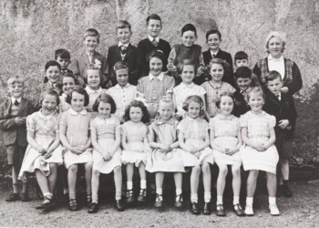 Gravir School 1957-58; BACK ROW (Left to Right) Alex MacLeod, 1 Glen; Donald J. Matheson, 15 Glen; Donald Morrison, Park View; Kenneth Matheson, 15 Glen; Kenneth Morrison, 5 Glen; Alasdair A. Matheson, 31; Duncan Campbell, 2; Mrs Isobel MacInnes, Teacher. SECOND ROW Murdo I. Matheson, 31; Donald Matheson, 31; Margaret MacLeod, 35; Rebecca Matheson, 15 Glen; Katie M. Nicolson, 22; Joan A. Campbell, 18; Margaret MacPhail, 12; Cathie J. MacKay, 12 Glen; Iain Campbell, 13; Roddy J. MacKay, 12 Glen. FRONT ROW Dolina Campbell, 18; Ishbel MacPhail, 12; Joan MacPhail, 12; Mairi Matheson, 30; Ishbel Matheson, 15 Glen; Janet MacLeod, 35; Heather MacLeod, Free Church Manse; Anna Morrison, Park View Class photo Gravir School 1954